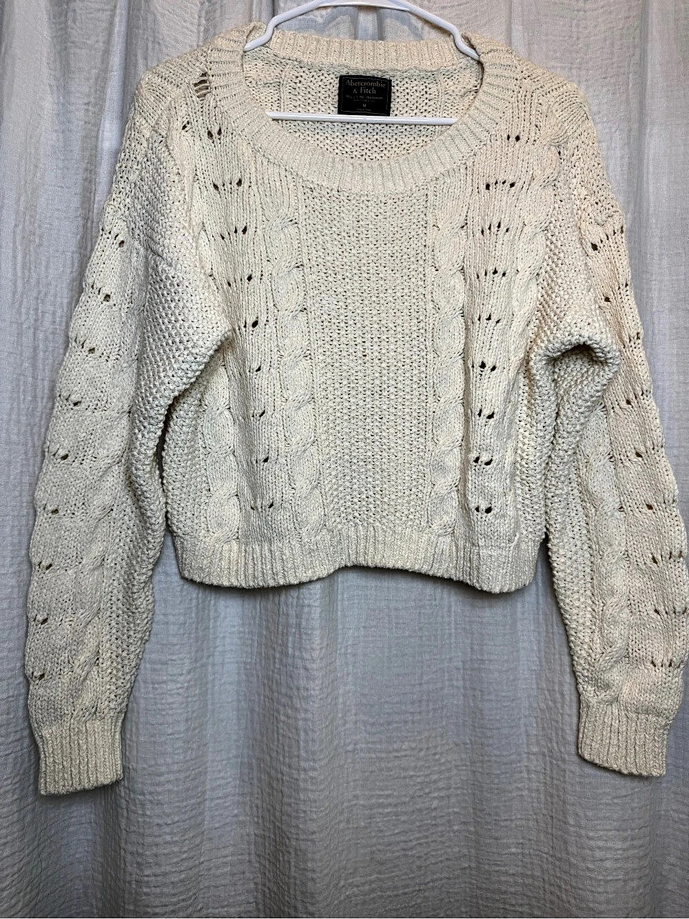 Abercrombie & Fitch Cream Pointelle Cable Knit Cropped Sweater - Size M